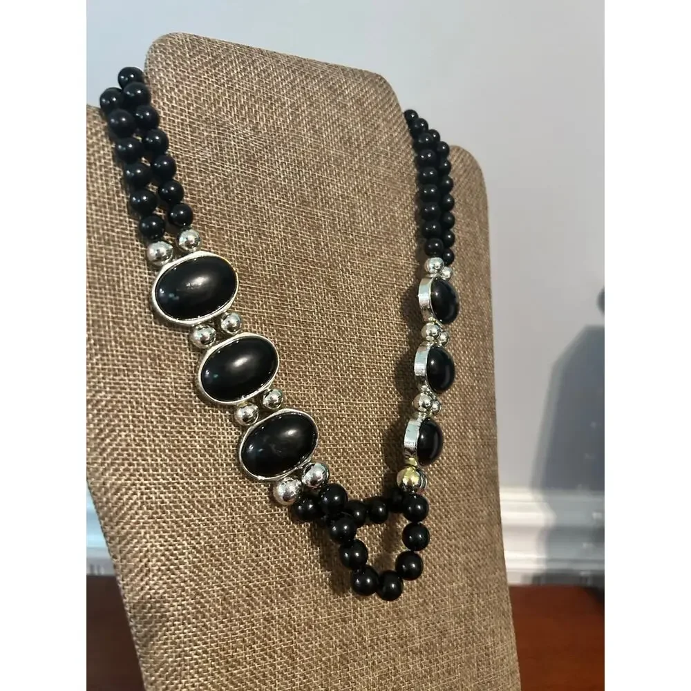 Vintage 90s Dual Strand Black Silver Bead Necklace Graduated Choker 18 Inch